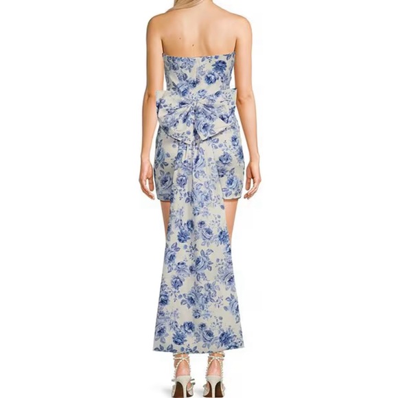 Allison & Kelly Strapless Taffeta Blue & Ivory Floral Print Bow Back Mini Dress - Picture 2 of 6